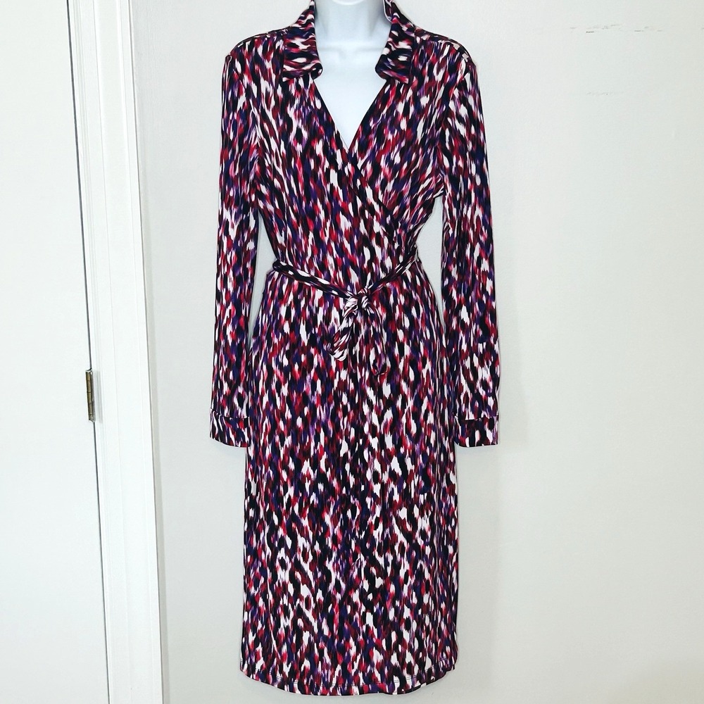 Calvin Klein Wrap Dress Size 14 Pink Purple Abstract Print L/S Career Office